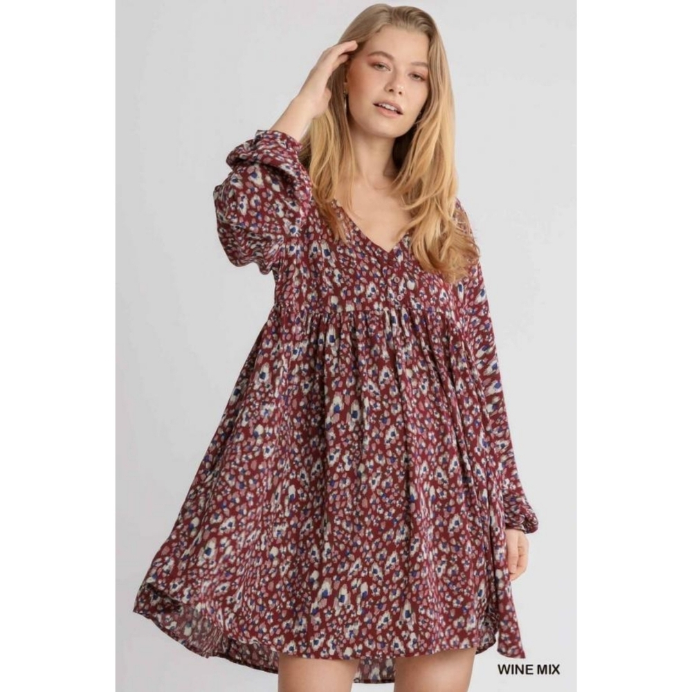 Umgee Long Sleeve Animal Print Babydoll Dress Size L